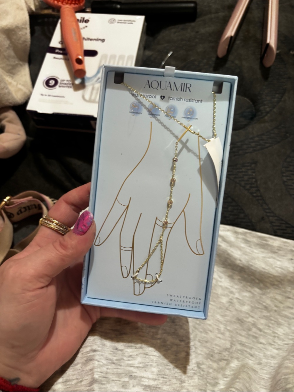 Aqua Gold Hand Chain Bracelet with Delicate Linking Chains